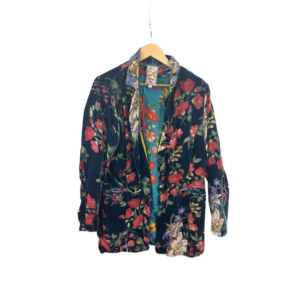 Johnny Was Floral Velvet‎ Silk Blend Blazer Navy Blue Jacket C41920A-0 Large